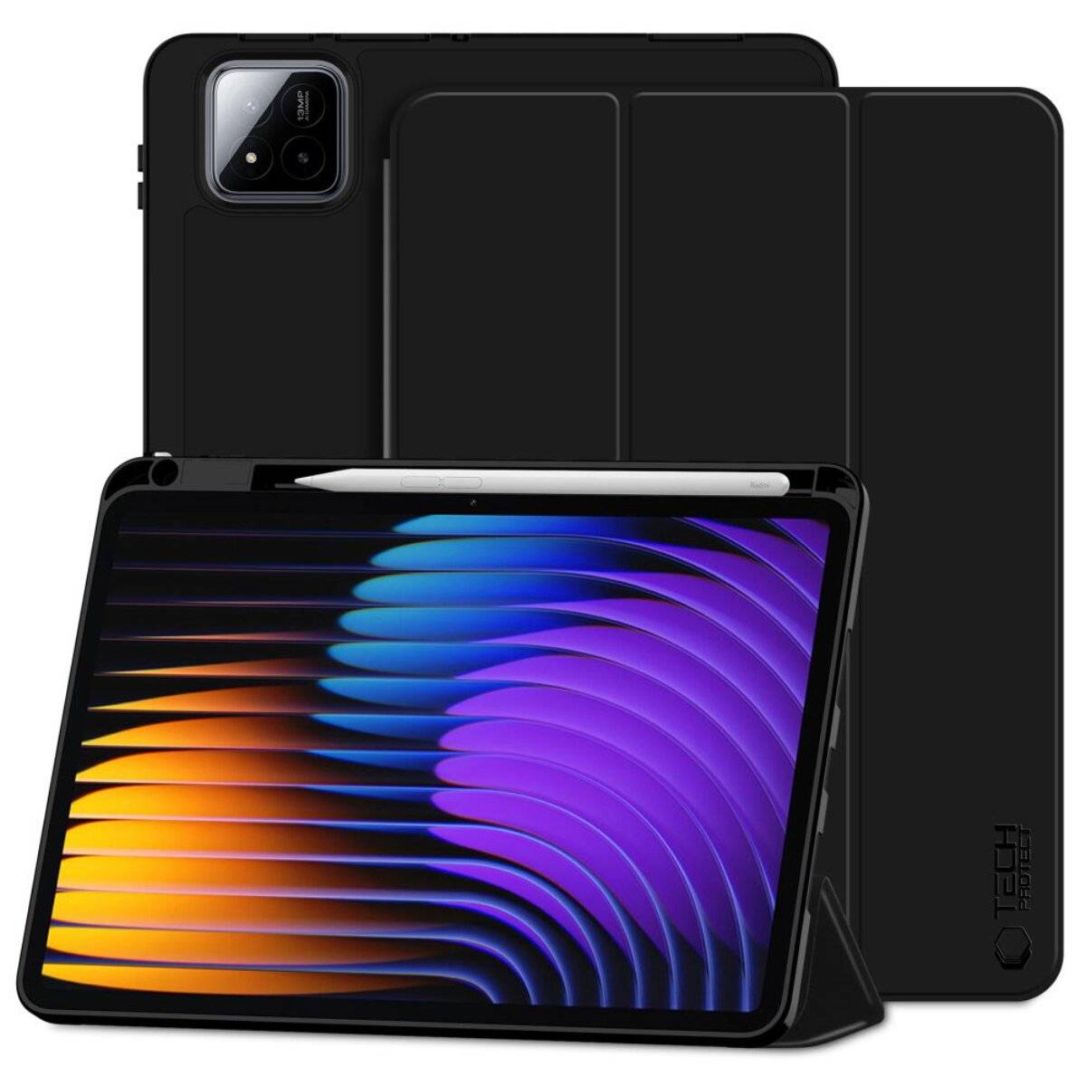 Ein Smartphone mit einer transparenten Schutzhülle, das auf der Rückseite eine dreifache Kameraanordnung und auf der Vorderseite ein farbenfrohen Display zeigt.