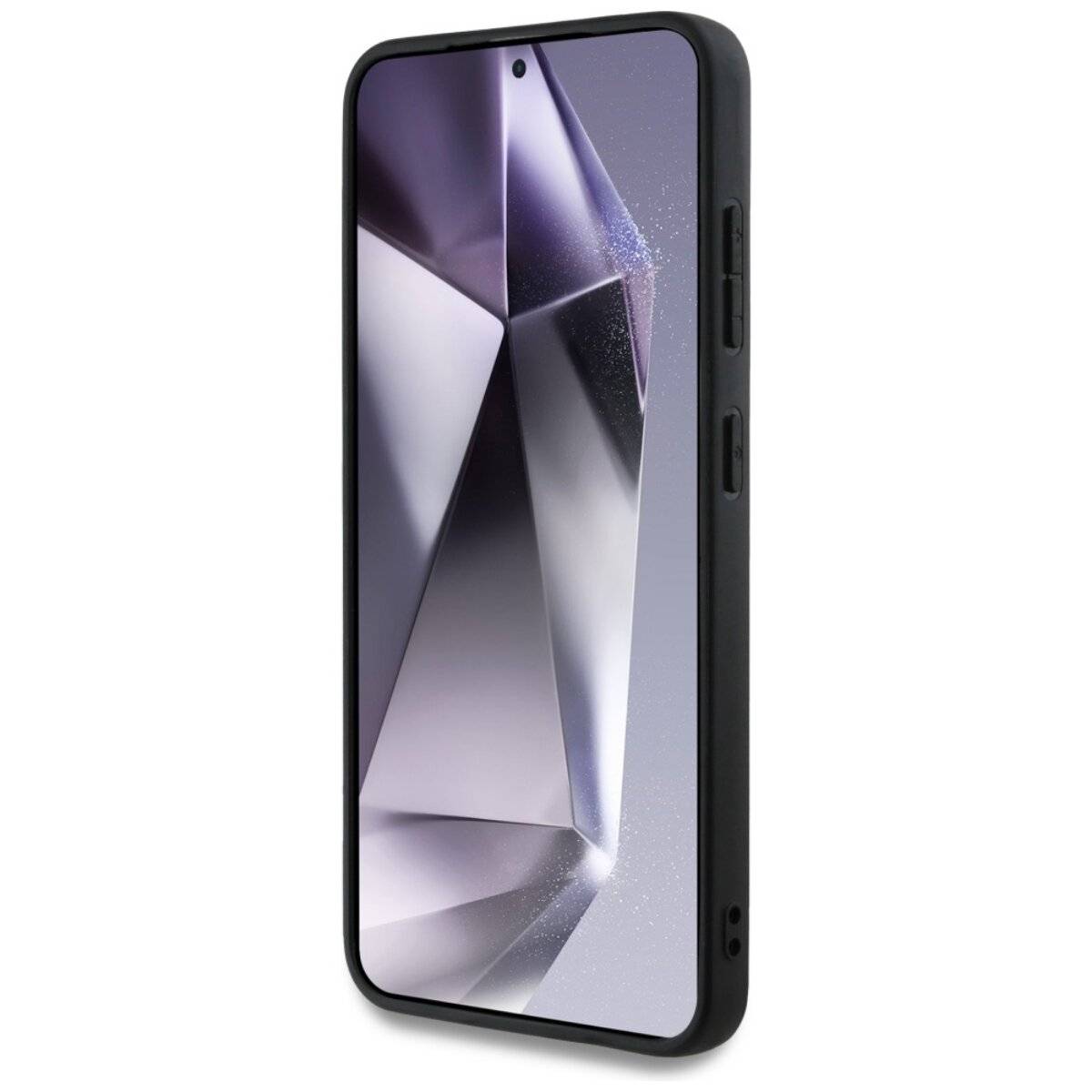 Ein schwarzes Smartphone mit einem geometrischen abstrakten Hintergrund auf dem Bildschirm, leicht schräg gezeigt, mit sichtbaren Seitentasten.