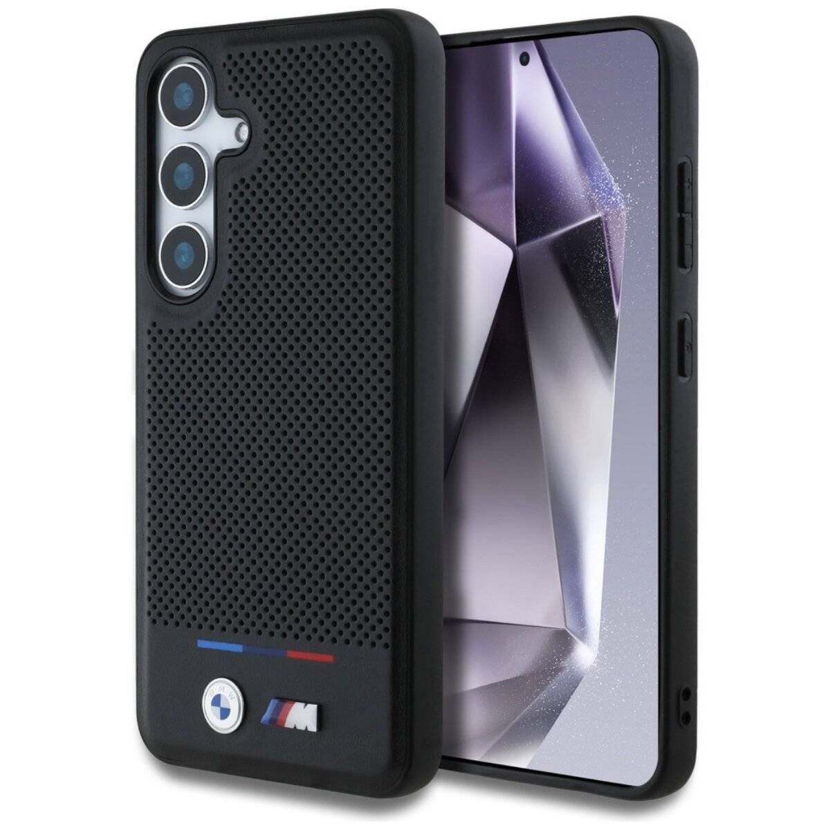 Eine schwarze Smartphone-Hülle mit strukturierten Punkten und einem Autologo, entworfen für ein Handymodell mit drei Rückkameras.