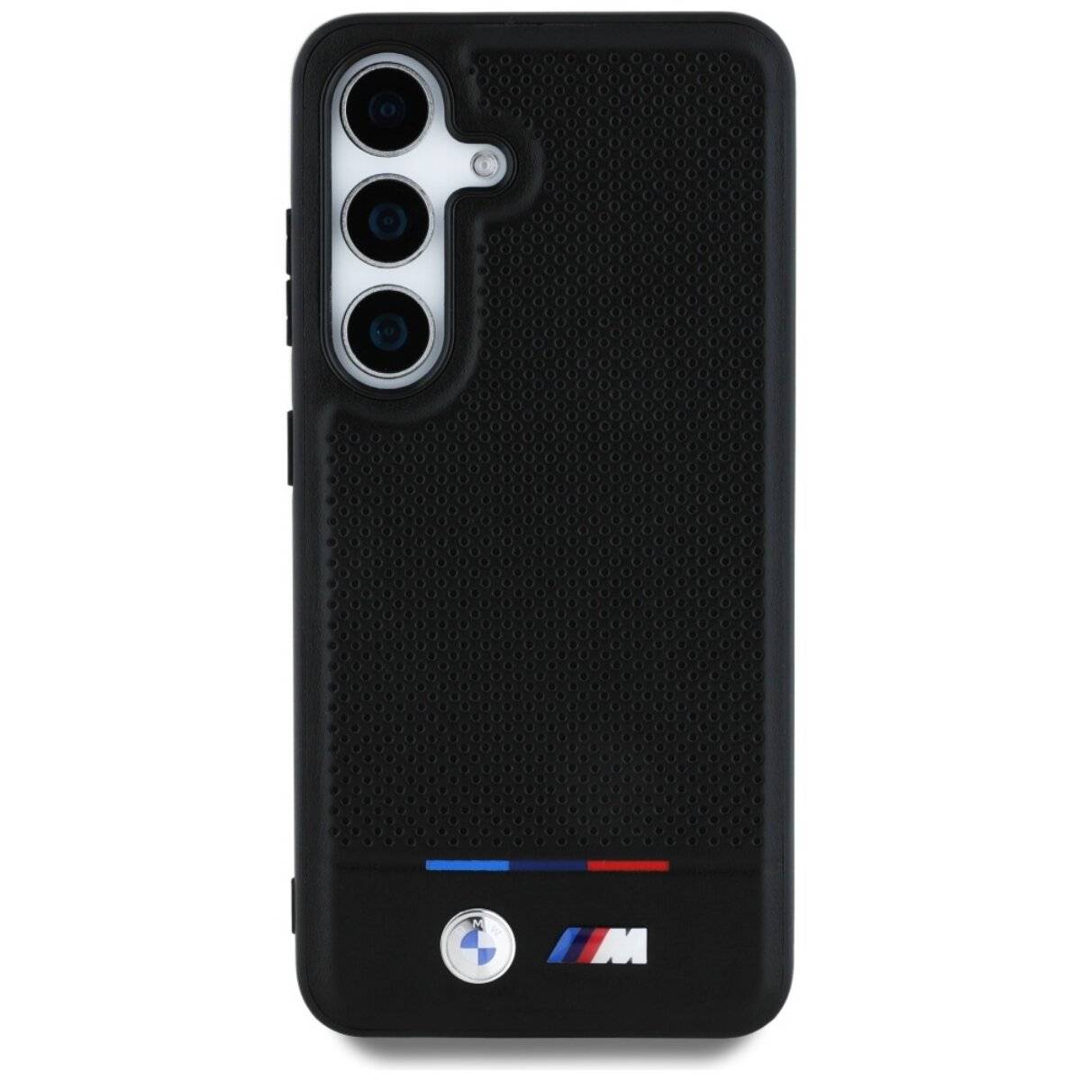 Eine schwarze Handyhülle mit strukturierter Rückseite, die drei Kameraausschnitte und ein Logo mit blauen und roten Streifen am unteren Rand aufweist.