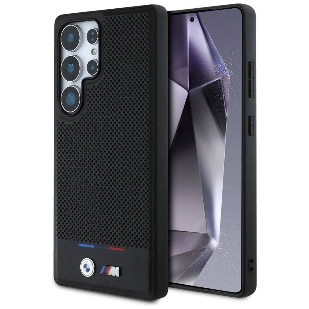 BMW Leder Tricolor Stripe MagSafena Samsung Galaxy S25 Ultra Hülle - Schwarz