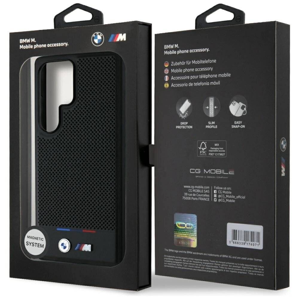 BMW Leder Tricolor Stripe MagSafena Samsung Galaxy S25 Ultra Hülle - Schwarz