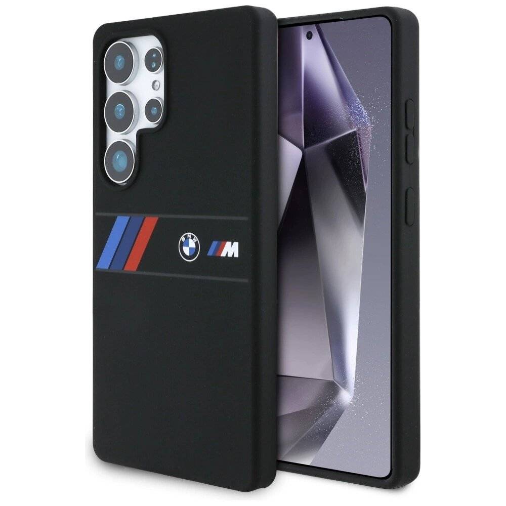 BMW Silikon Mittel Tricolor Stripes MagSafe Hülle Samsung Galaxy S25 Ultra - Schwarz