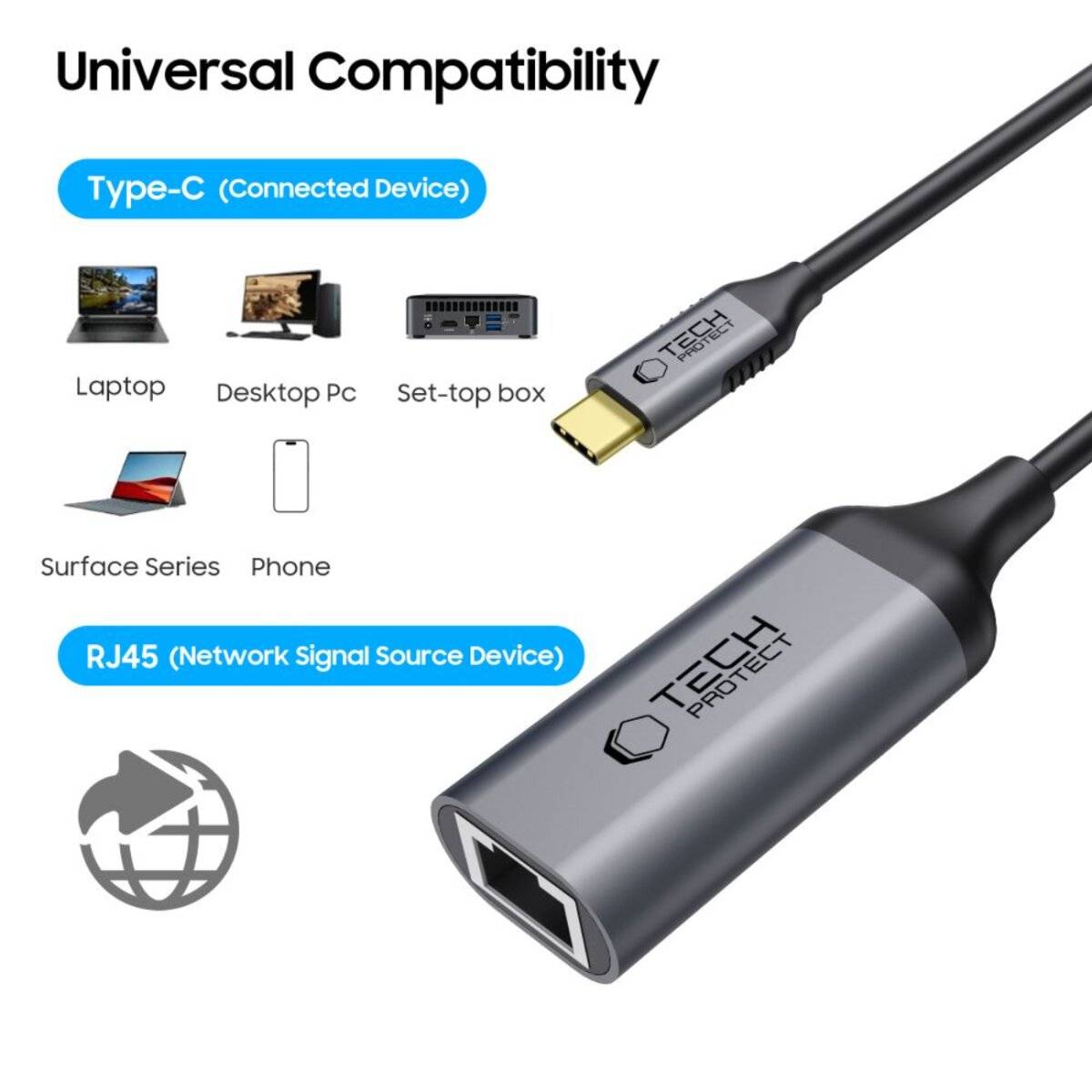 Tech-Protect UltraBoost USB-C Ethernet RJ45 1000Mbps Adapter - Schwarz