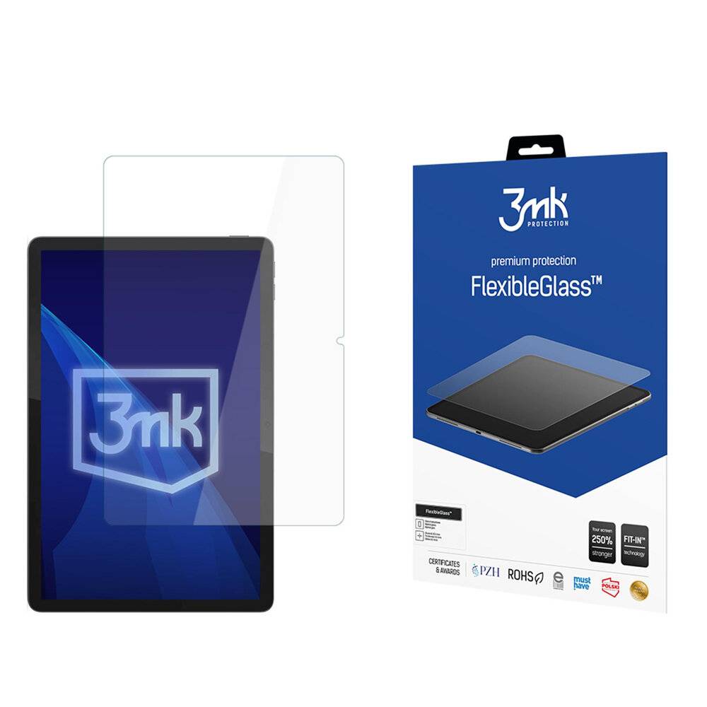 Ein digitales Tablet mit einer halbtransparenten Schutzfolie auf der linken Seite und einer Verpackung für einen 