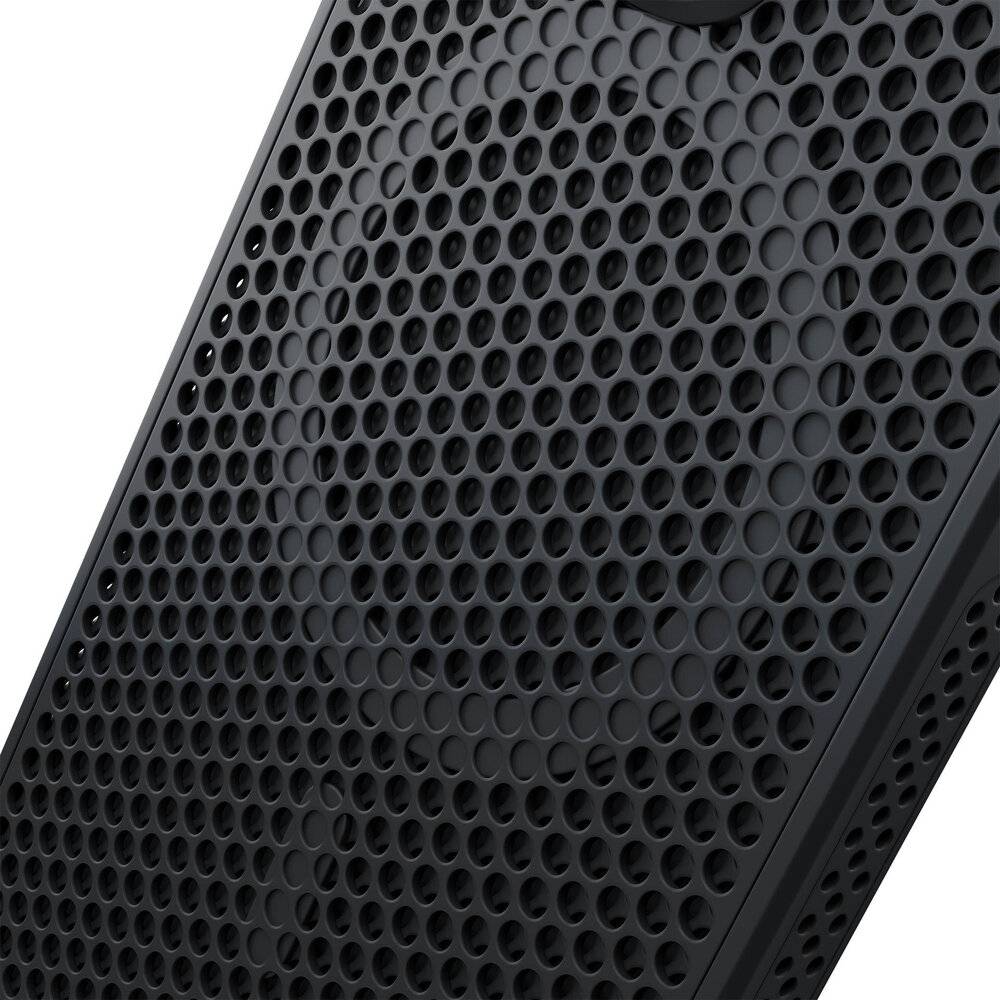 Nahaufnahme eines schwarzen Gitterdesigns mit kreisförmigen Mustern, das einer strukturierten Oberfläche auf einem elektronischen Gerät oder Lautsprechergitter ähnelt.