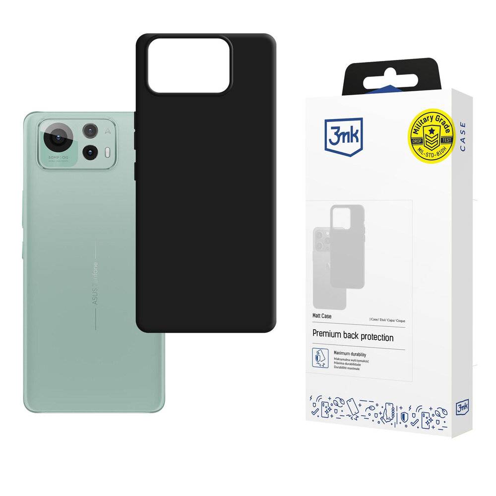Ein grünes Smartphone neben einer schwarzen Handyhülle und deren Verpackung. Die Verpackung hebt 