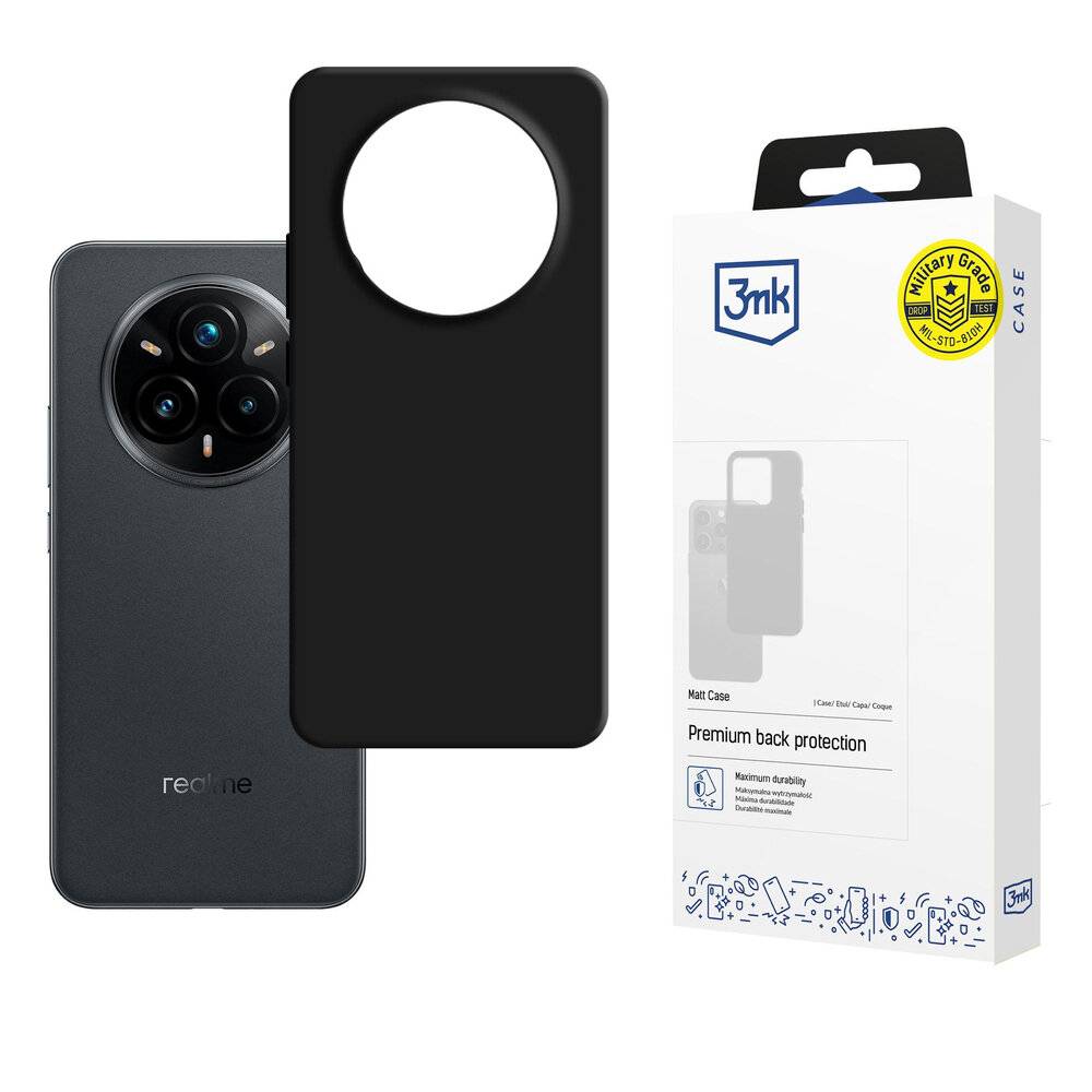 Smartphone-Hüllenschachtel mit einer schwarzen Hülle für Premium-Rückenschutz. Die Verpackung hebt die Kompatibilität und Langlebigkeitsmerkmale hervor.