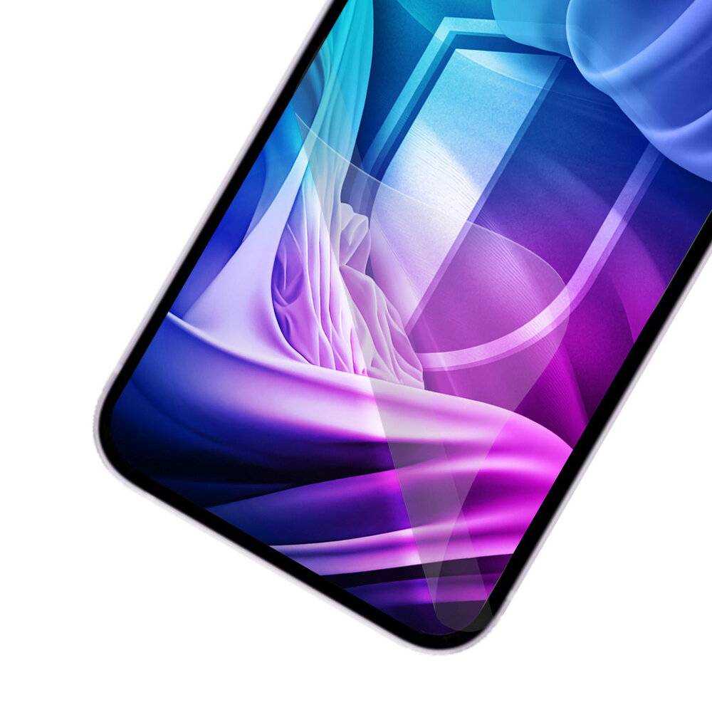 Smartphone mit buntem abstraktem Bildschirmdesign, das wirbelnde blau- und violette Muster aufweist.