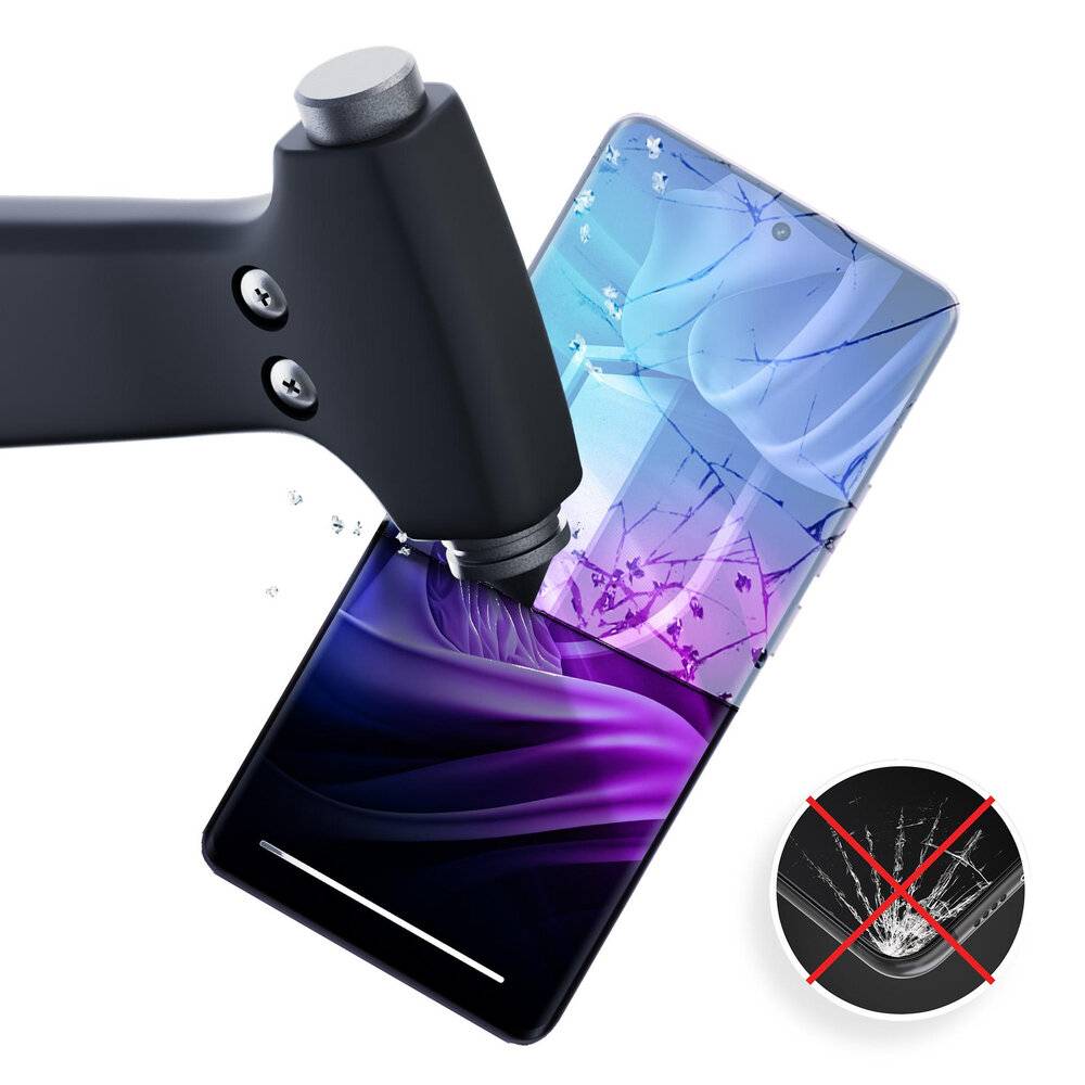 Eine hydraulische Presse zerquetscht ein Smartphone und zeigt Risse auf dem Bildschirm. Ein Symbol zeigt ein Verbot für die Nutzung eines ungeschützten Telefons an.