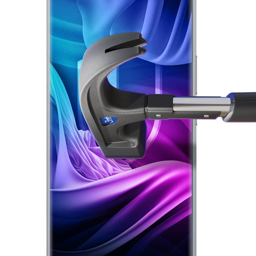 Ein Smartphone mit lebendiger abstrakter Anzeige, das von einem Hammer getroffen wird, zur Veranschaulichung von Haltbarkeits- oder Schutzprüfungen.