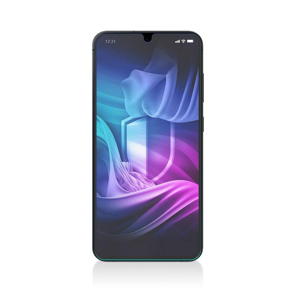 Ein Smartphone mit einer farbenfrohen abstrakten Hintergrundgrafik auf dem Bildschirm, die purpurfarbene und blaue Töne zeigt und einen Eindruck von Tiefe und Bewegung erzeugt.