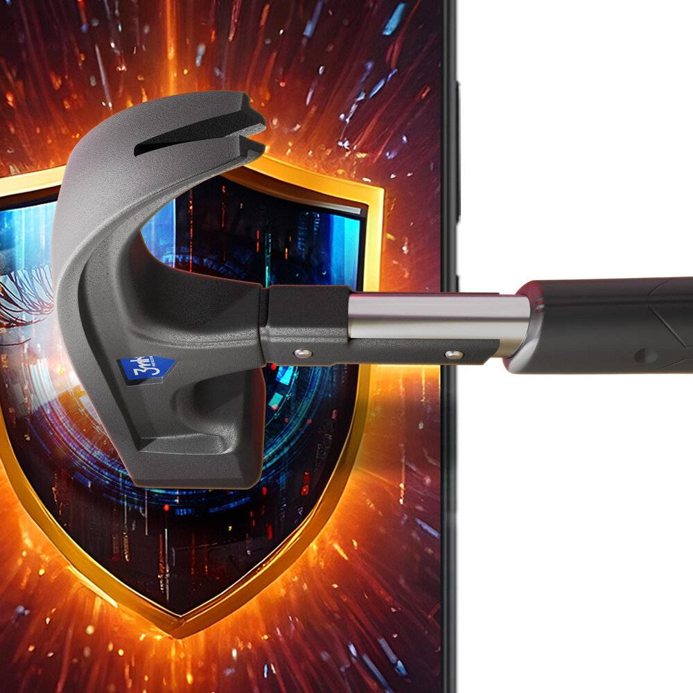 Ein Smartphone-Bildschirm zeigt ein Wappensymbol mit digitalen Mustern. Eine Brechstange lehnt gegen den Bildschirm und symbolisiert Cybersicherheit gegen Eindringversuche.