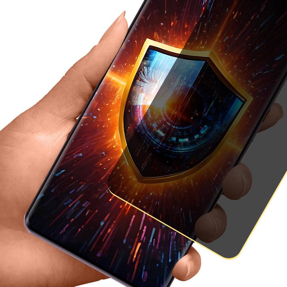 Eine Hand hält ein Smartphone mit einem leuchtenden Schild auf dem Bildschirm, das digitale Sicherheit und Schutz symbolisiert.