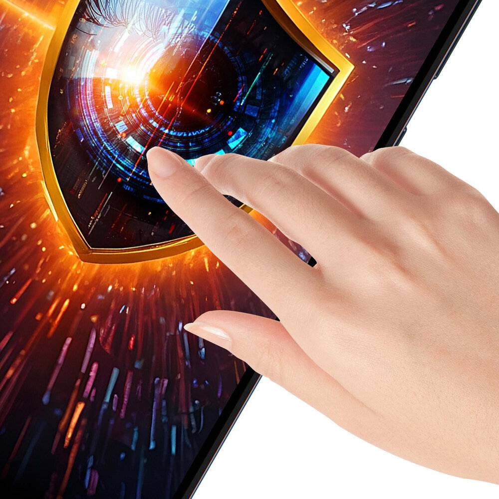 Eine Hand berührt ein geneigtes Smartphone, das eine futuristische, leuchtende digitale Benutzeroberfläche mit leuchtenden Farben und Lichtspuren anzeigt.