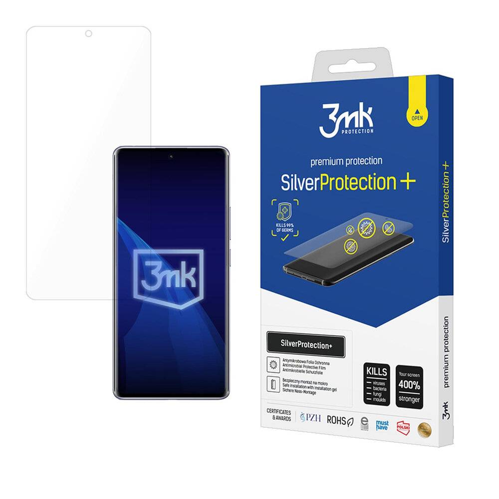 Ein Displayschutz für Telefone mit Verpackung mit der Bezeichnung „3mk SilverProtection+