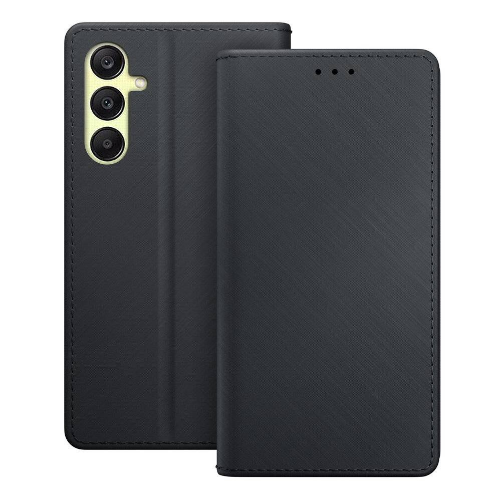 Ein schwarzer Smartphone-Gehäuse mit strukturierter Abdeckung wird gezeigt, das Aussparungen für drei hintere Kameraobjektive und eine klappbare Vorderseite aufweist.