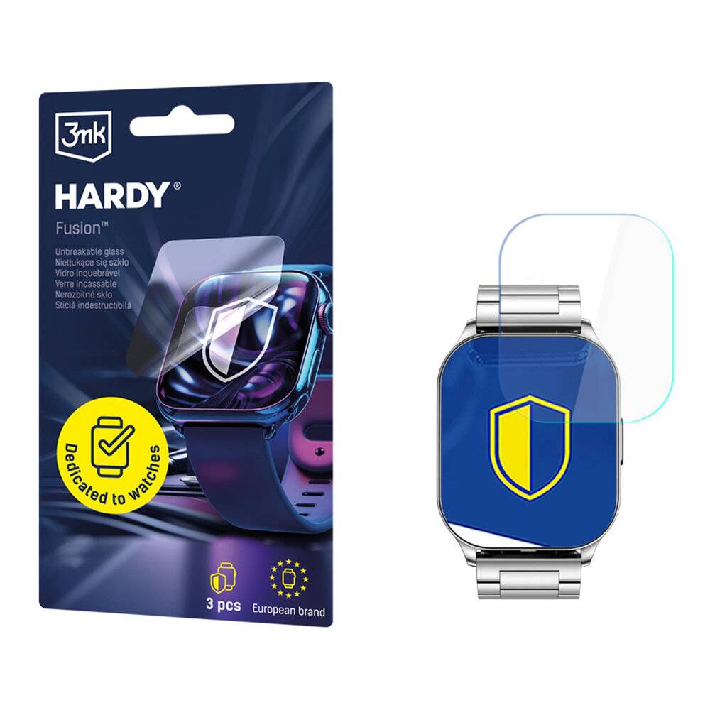 Packung mit 3 gehärteten Glasschutzfolien für Smartwatches mit Installationsansicht, Marke „3mk