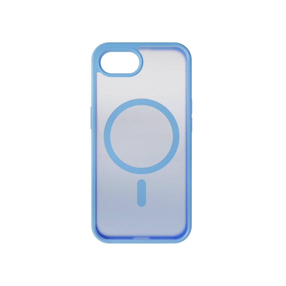 Blaue iPhone-Hülle mit transparenter Rückseite zeigt einen Kreis mit einer vertikalen Linie darunter, was die MagSafe-Kompatibilität anzeigt.