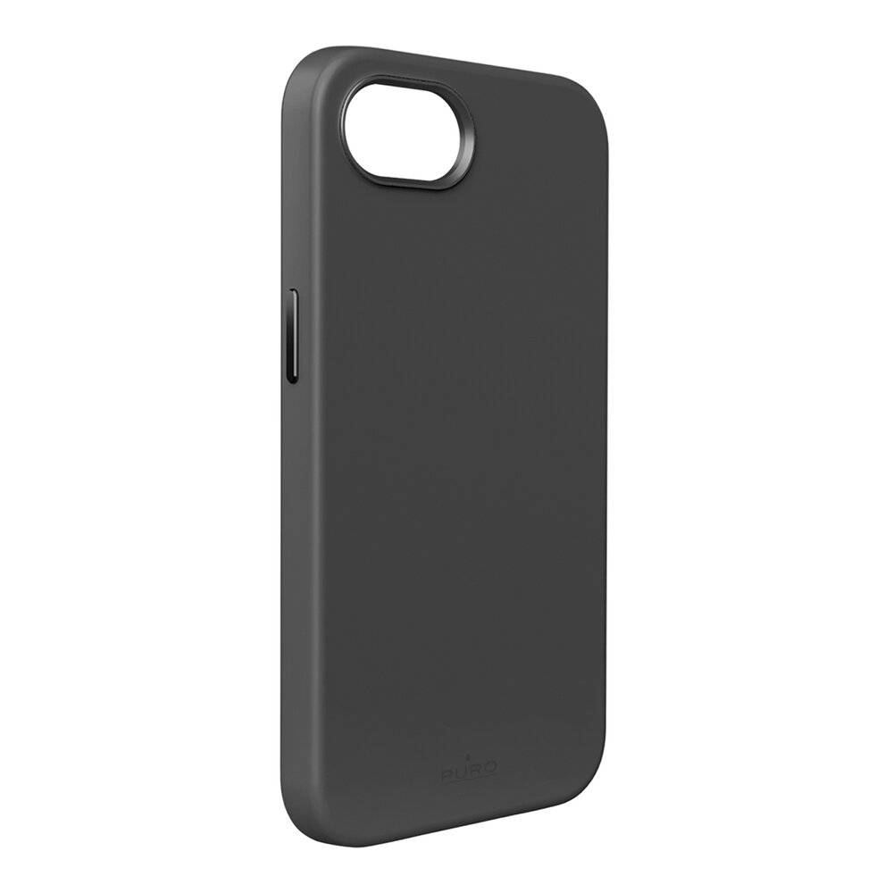 Ein schwarzes Handyhüllen-Case mit glatter Oberfläche, entworfen für ein Smartphone, das die Rück- und Seitenansicht mit prominentem Kamera-Ausschnitt zeigt.