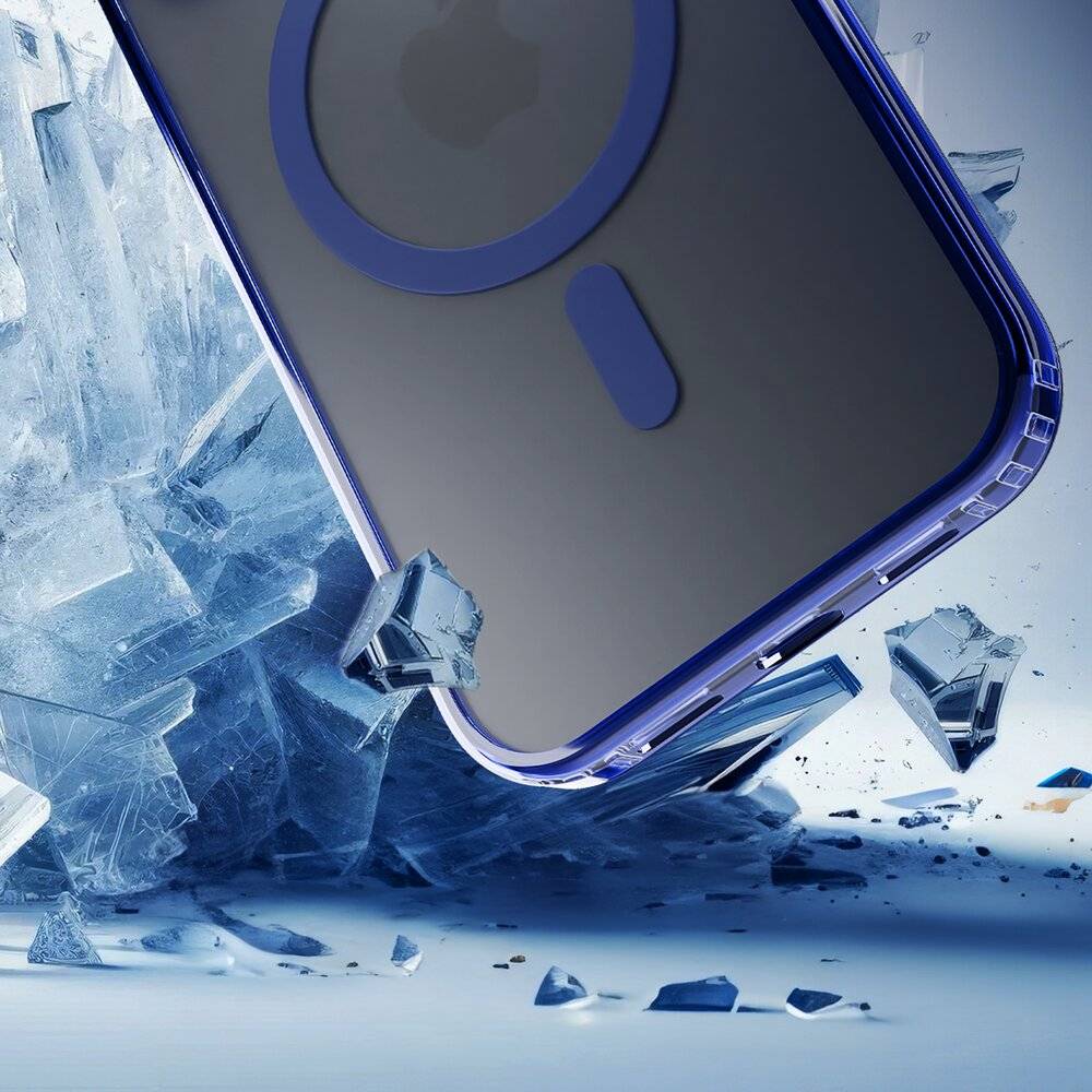 Ein Smartphone-Case mit blauem Rand, mit einer MagSafe-gestützten Rückseite, wird neben abstrakten blauen Kristallsplittern gezeigt.