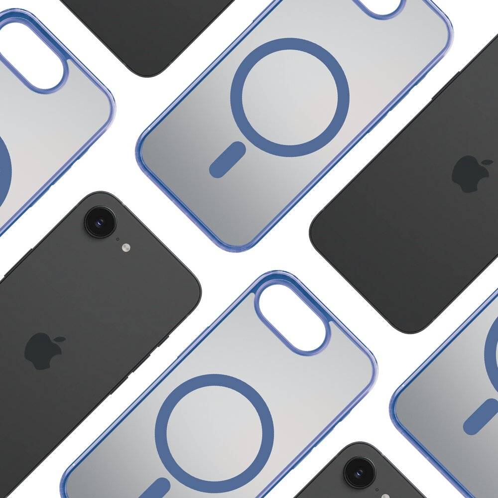 Smartphones mit Schutzhüllen, mit Kameraobjektiven und kreisförmigen Designelementen, in einem abwechselnden Muster auf weißem Hintergrund angeordnet.