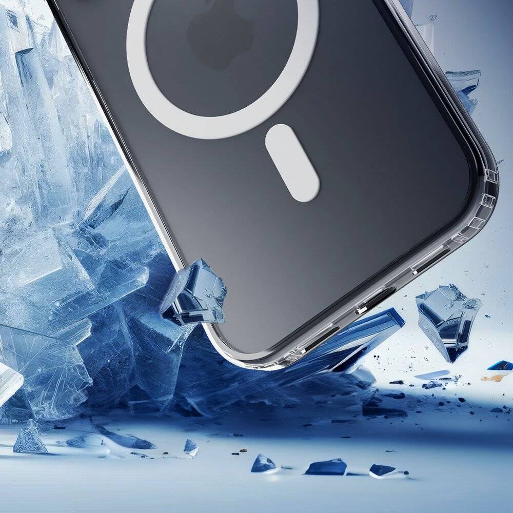 Ein Smartphone mit einer transparenten Hülle ist von zerbrochenem Eis umgeben, was Haltbarkeit oder Stoßfestigkeit andeutet.