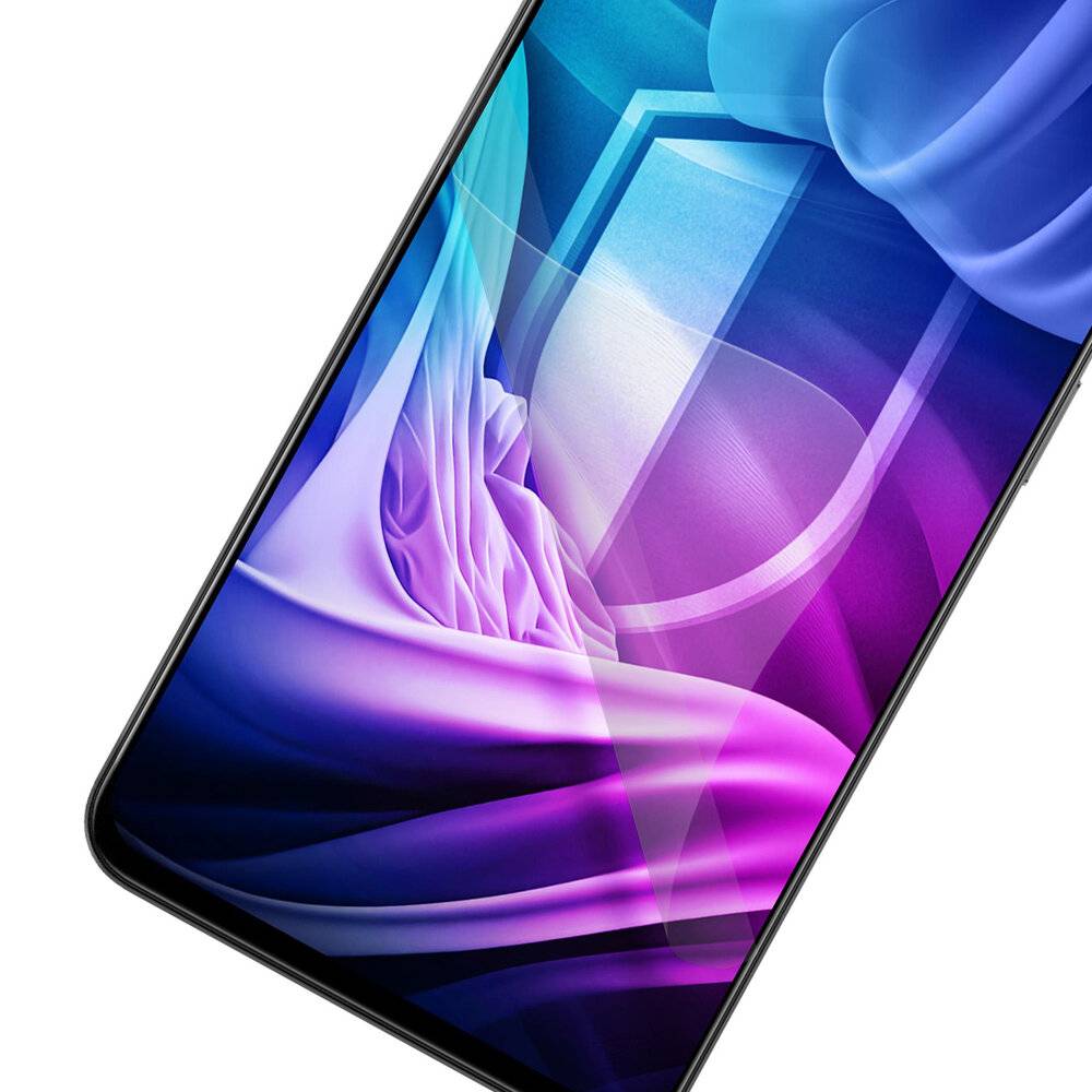 Ein Smartphone zeigt eine dynamische, farbenfrohe abstrakte Hintergrundbild mit Blau- und Violetttönen und demonstriert damit die lebendige Display-Technologie.