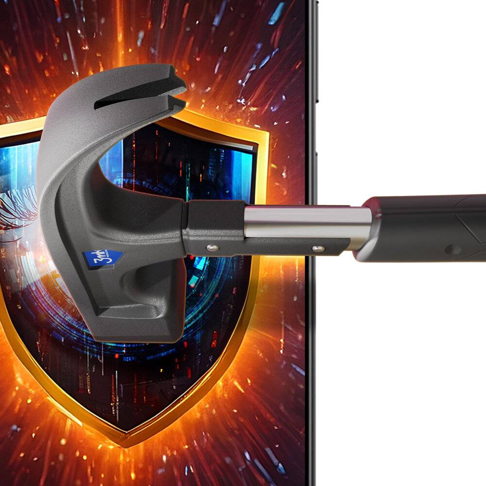 Ein Telefon mit einem digitalen Schild auf dem Bildschirm wird durch ein robustes Werkzeug geschützt, das starke Sicherheit gegen digitale Bedrohungen symbolisiert.