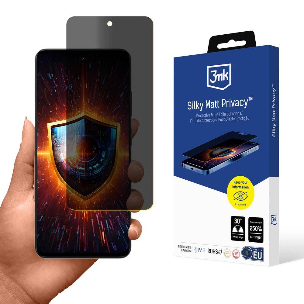 Eine Hand hält ein Smartphone mit einer Datenschutzfolie, die eine Schild-Grafik zeigt. Die Verpackung von 3mk Silky Matt Privacy ist sichtbar.