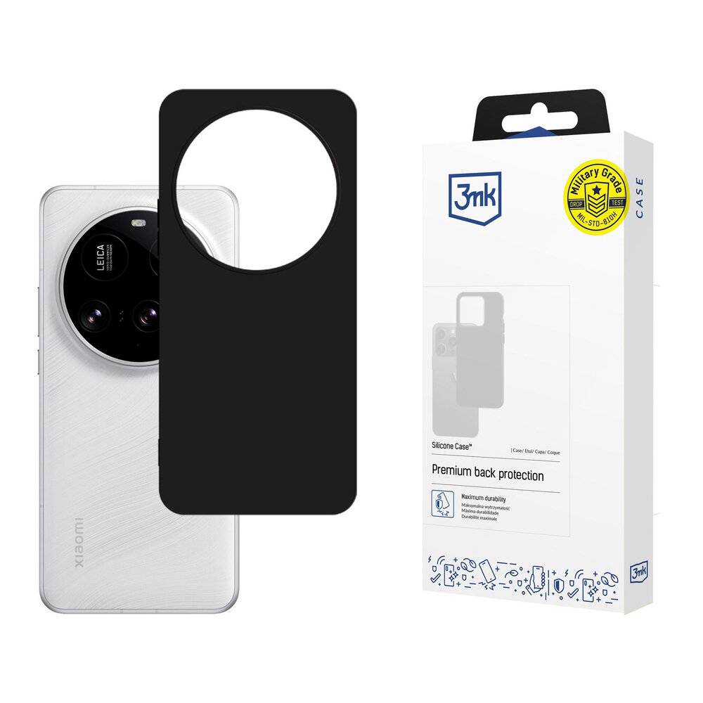 Ein Smartphone mit einem großen kreisförmigen Kameramodul und einer Handyhülle, die es teilweise bedeckt. Die Verpackung der Handyhülle zeigt das Branding 