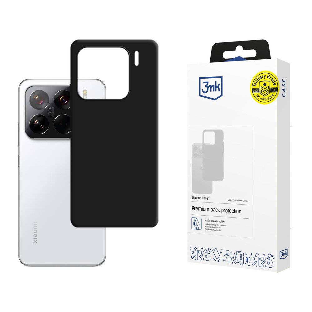 Ein Smartphone mit schwarzem Schutzcover neben seiner Verpackung. Die Verpackung zeigt die Aufschrift „Premium-Rückenschutz