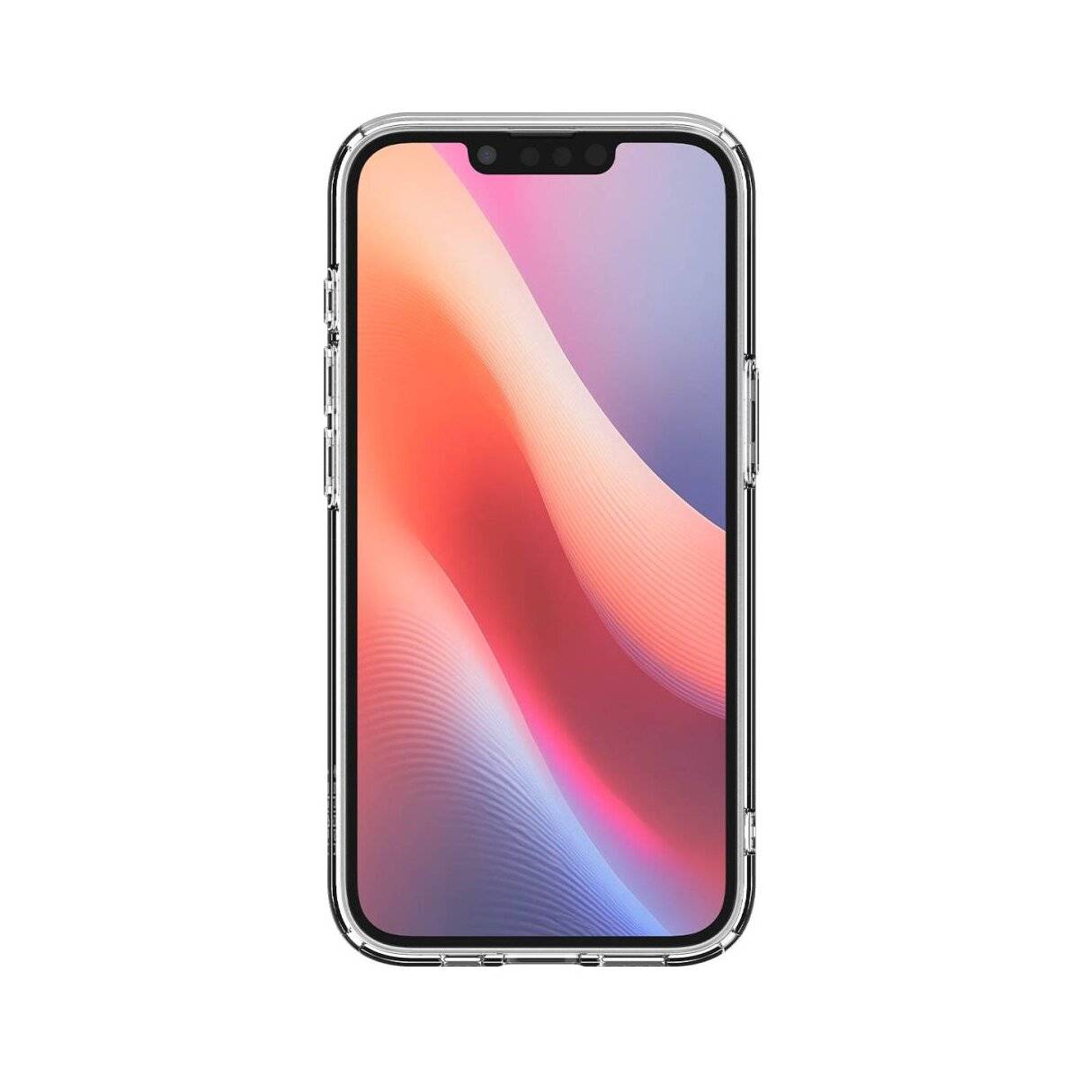 Ein Smartphone mit einer farbenfrohen abstrakten Hintergrundbildschirm in einer transparenten Schutzhülle.