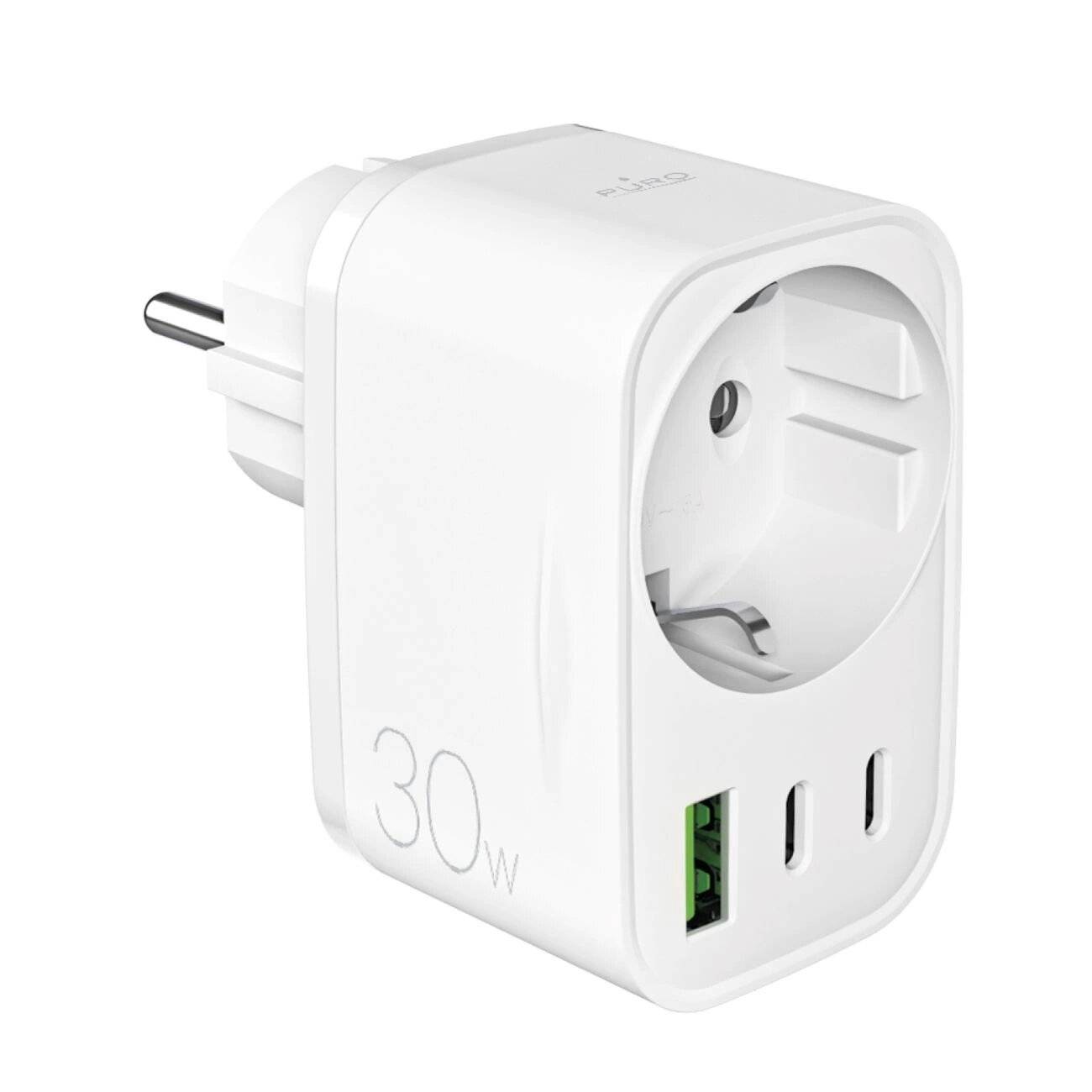 Puro 30W Power Delivery Ladegerät Schuko Stecker Buchse 2x USB-C + 1x USB-A - Weiß