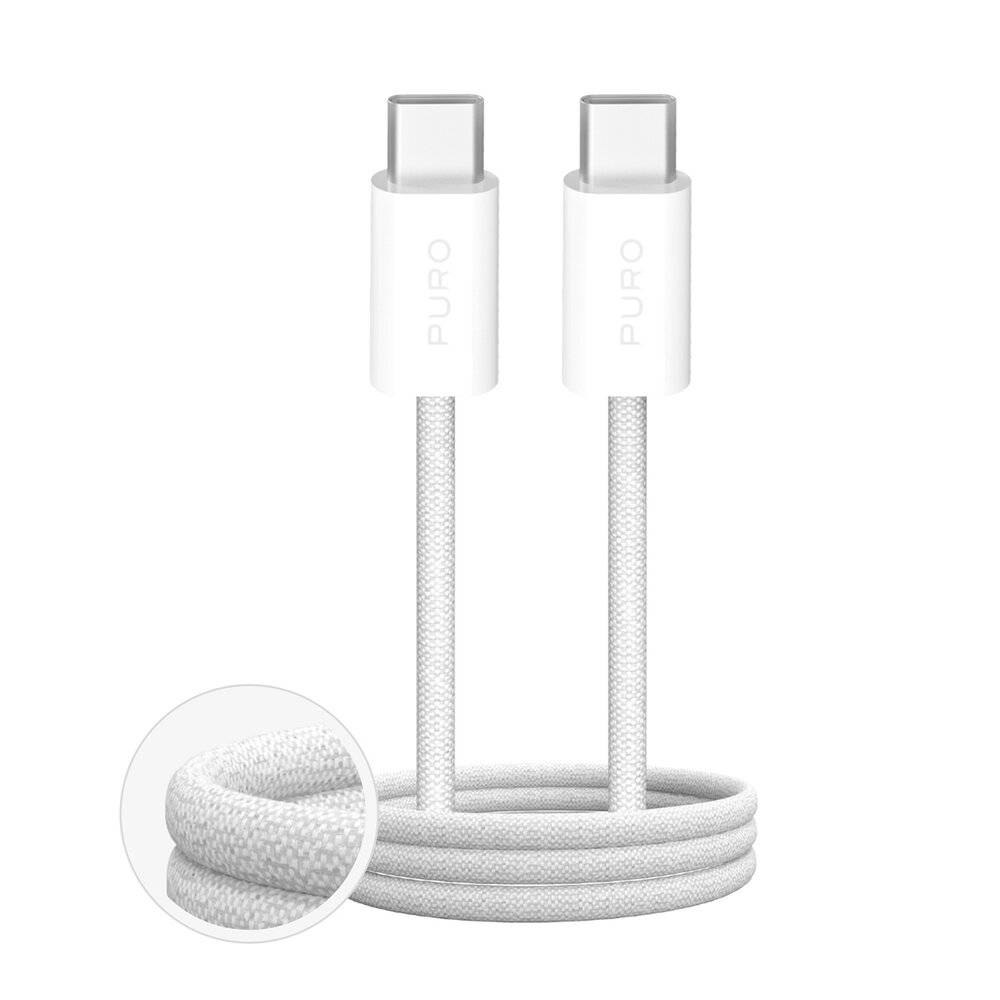 Ein geflochtenes USB-C-zu-USB-C-Kabel, weiß, mit sichtbaren Steckern. Nahaufnahme-Einsatz der Kabel-Textur.