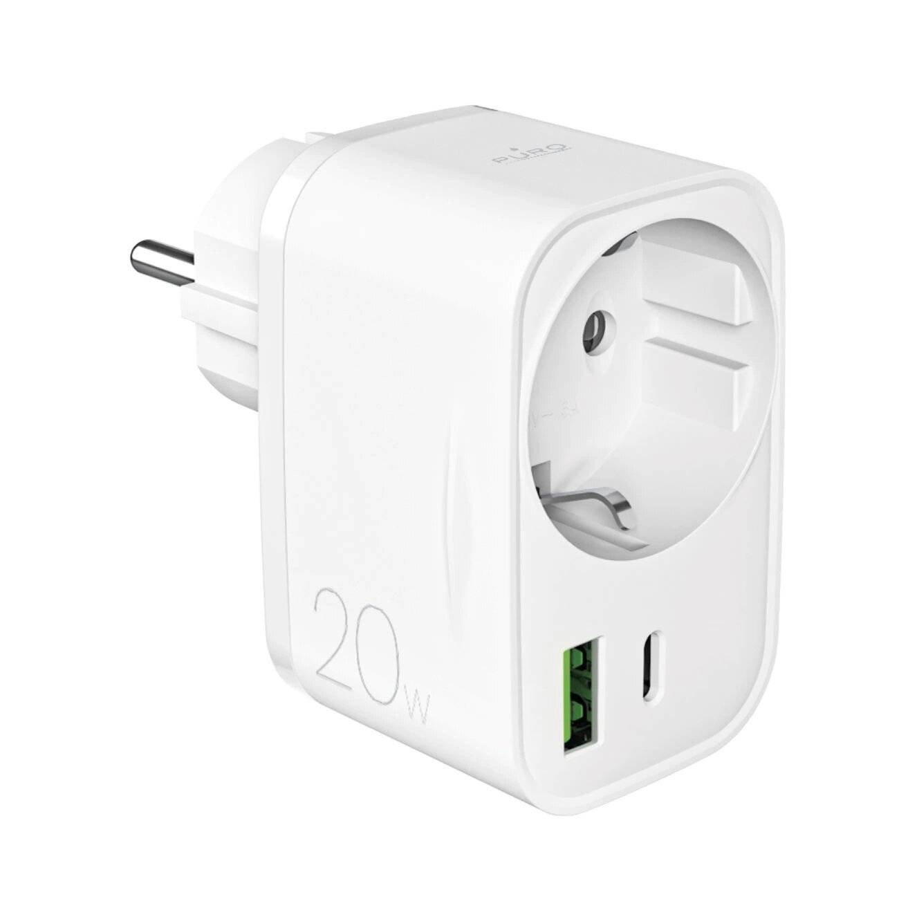 Puro 20W Power Delivery Ladegerät Schuko Stecker Buchse 1x USB-C + USB-A - Weiß
