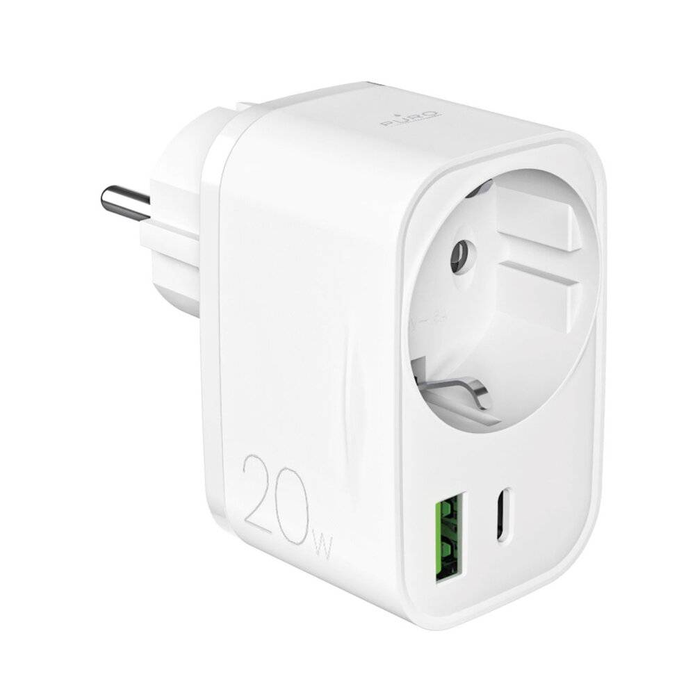 Puro 20W Power Delivery Ladegerät Schuko Stecker Buchse 1x USB-C + USB-A - Weiß