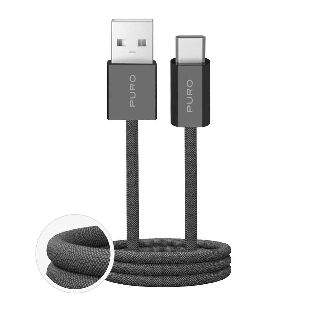 Ein schwarzes USB-zu-USB-C-Ladekabel mit strapazierfähigem Flechtdesign, das die Marke „PURO