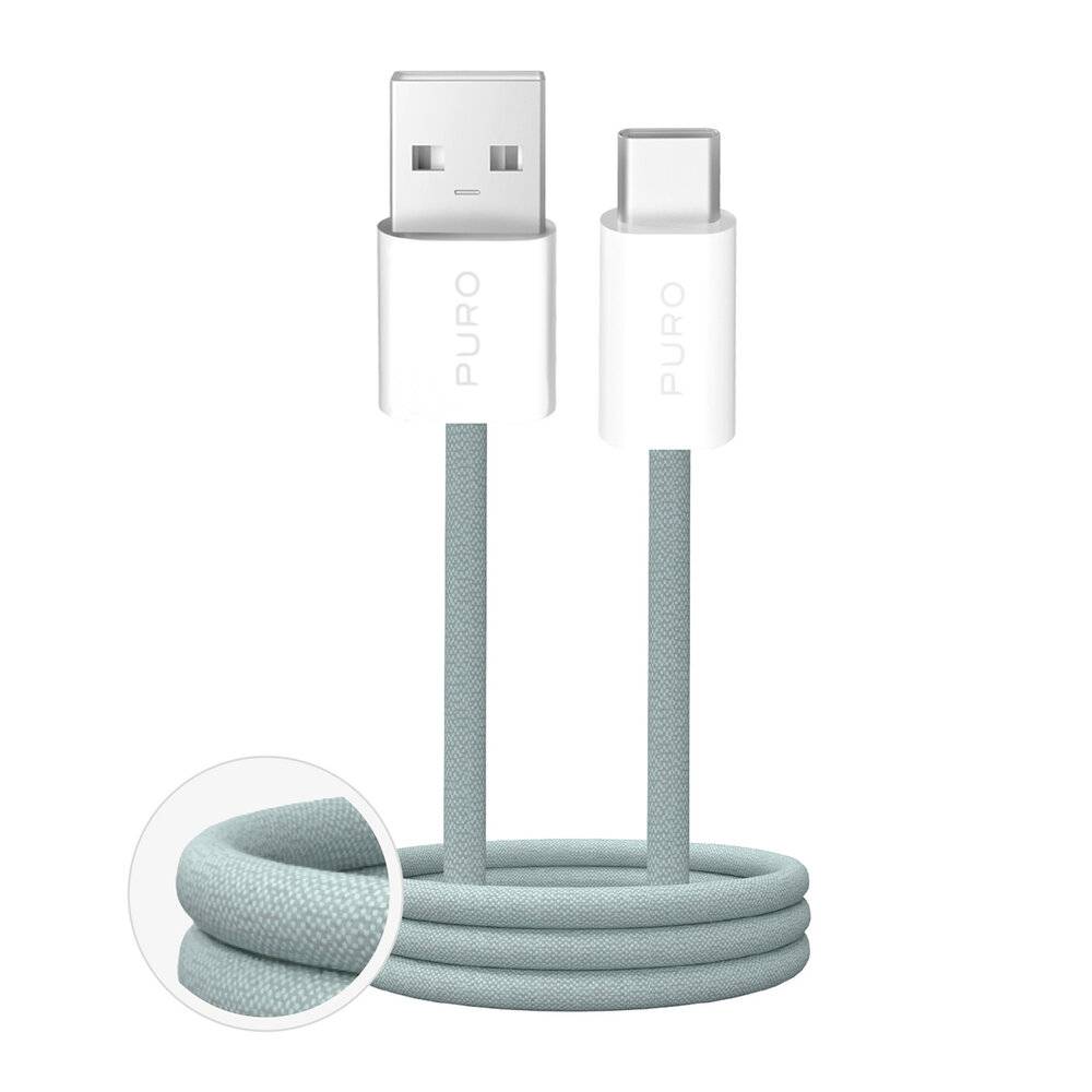 Ein hellblau gefärbtes USB-A-zu-USB-C-Kabel mit Stoffstruktur, das die Stecker und eine Nahaufnahme des geflochtenen Materials zeigt.