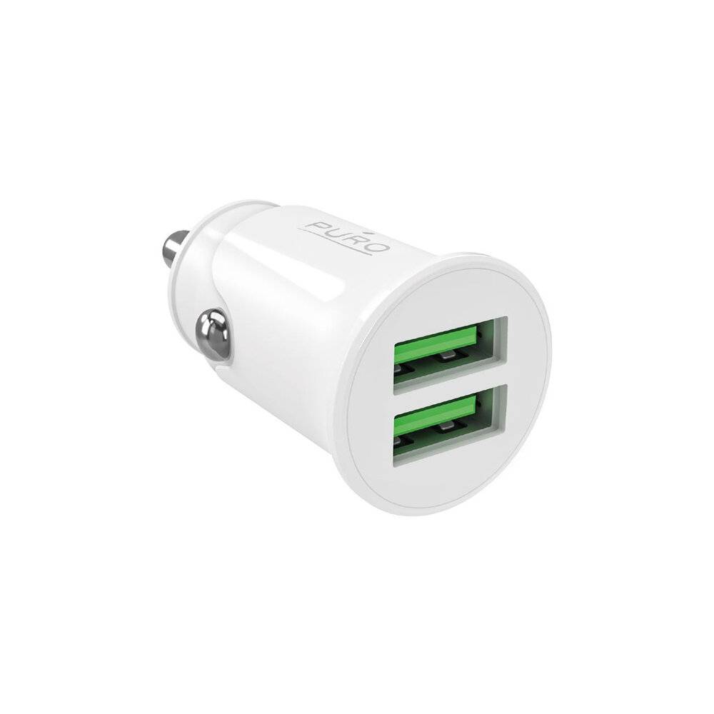 Ein weißes Autoladeradapter mit zwei grünen USB-Anschlüssen zum Laden von elektronischen Geräten im Fahrzeug.