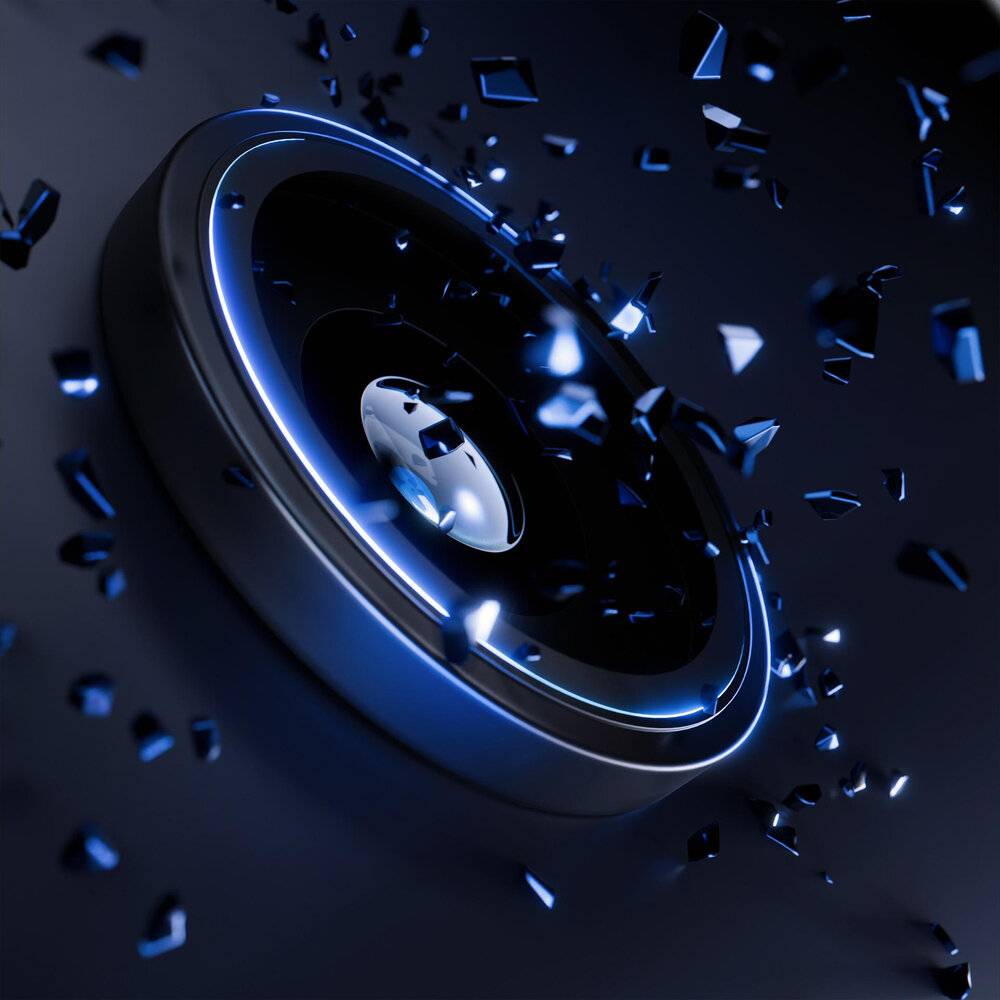 Ein futuristisches schwarzblaues kreisförmiges Gerät zerbricht in leuchtende Partikel und vermittelt ein Gefühl von hochmoderner Energie und Bewegung.