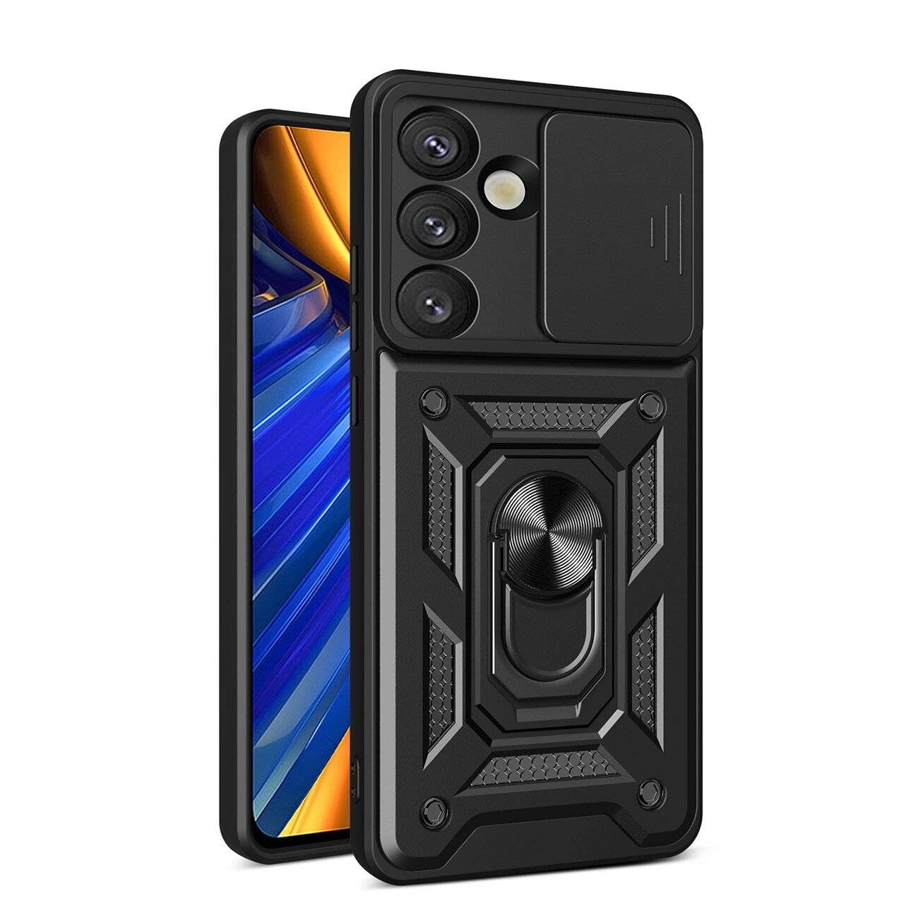 Hybrid Armor Camshield Case Ständer Kameraabdeckung Oppo F29 5G - Schwarz