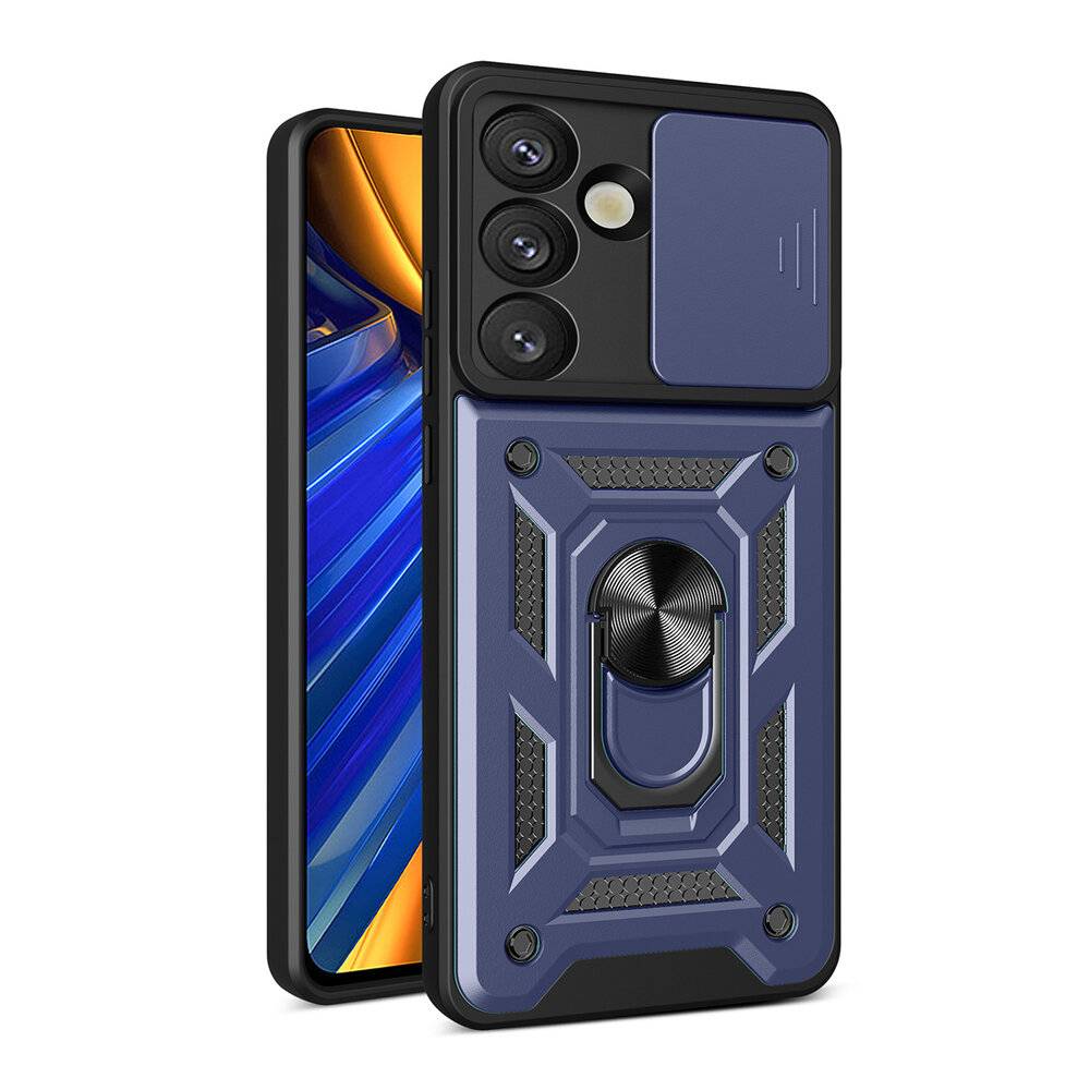Ein robustes Smartphone-Case mit Ständer und strukturiertem blaugrauem Design, passend für ein Telefon mit farbenfrohem Bildschirm. Drei Kameraausschnitte.