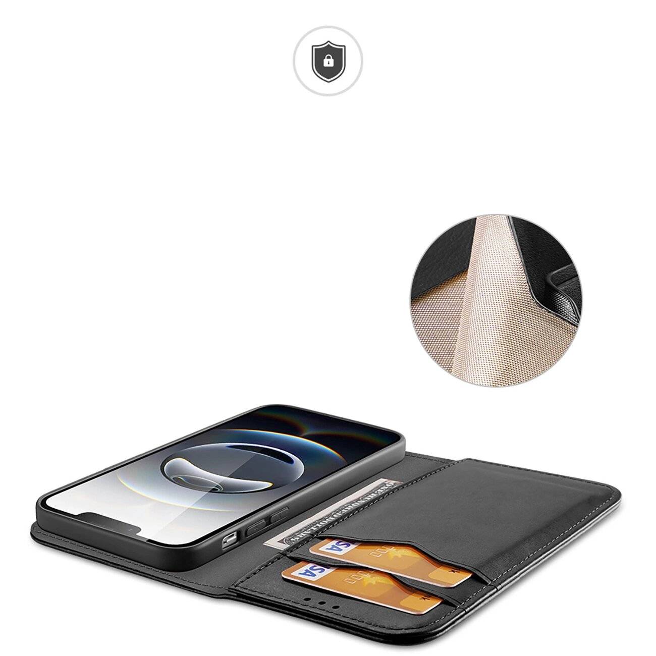 Dux Ducis Hivo iPhone 16e Hülle Klappdeckel RFID-Schutz - Schwarz