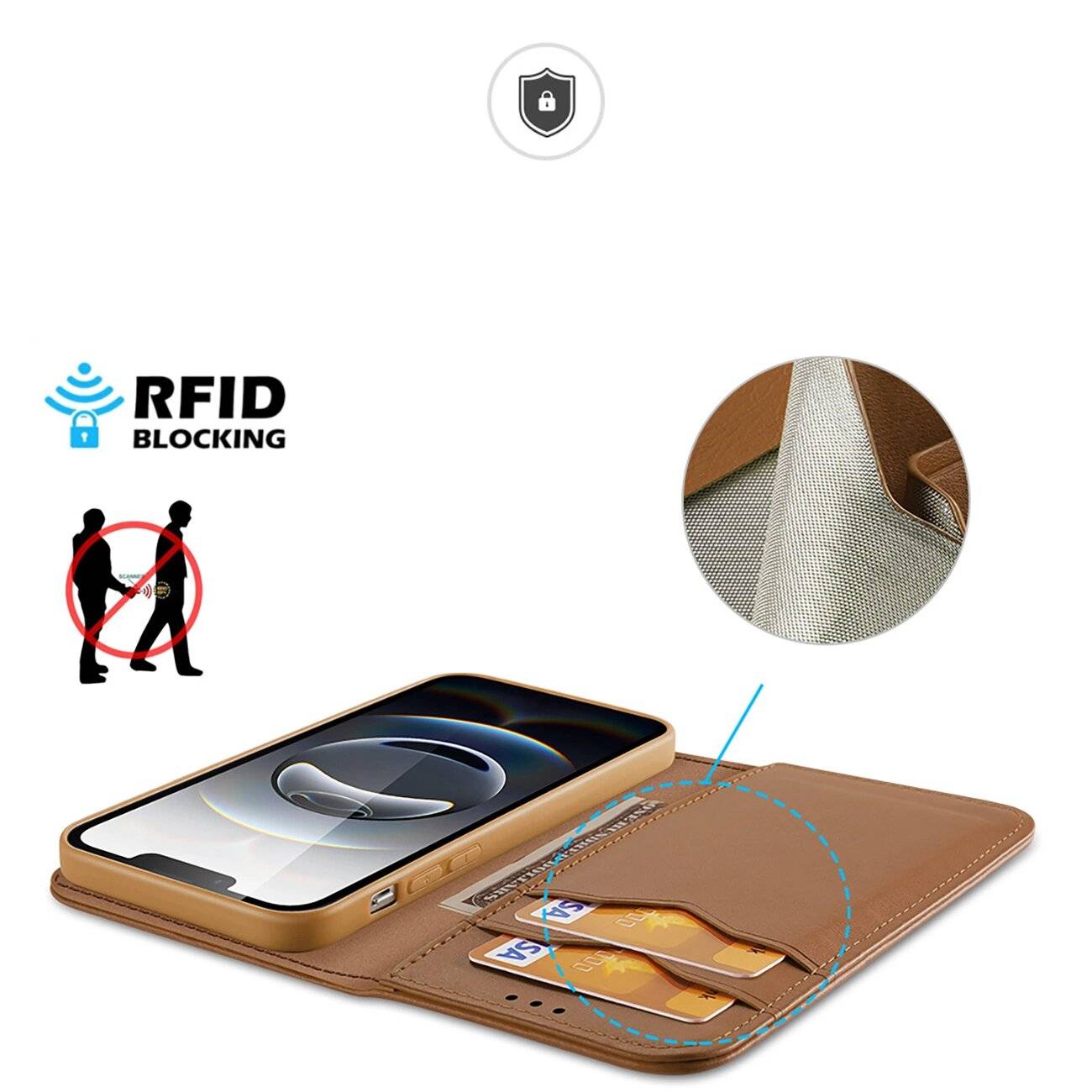 Dux Ducis Hivo iPhone 16e Hülle Klappdeckel RFID-Schutz - Braun