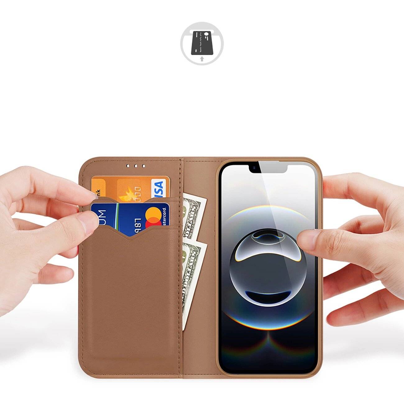 Dux Ducis Hivo iPhone 16e Hülle Klappdeckel RFID-Schutz - Braun