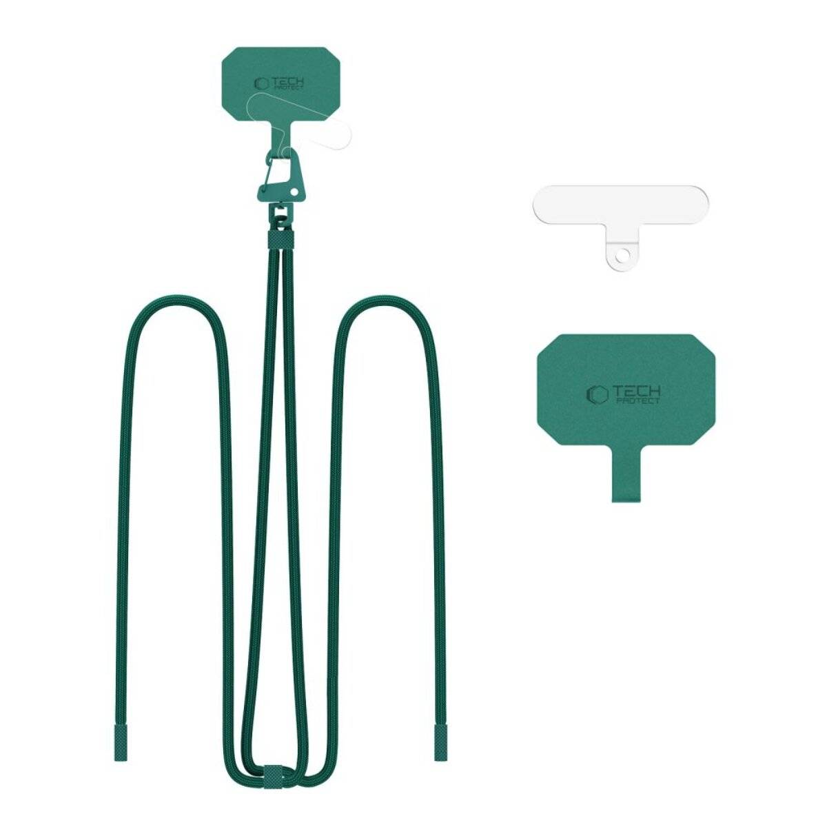 Grünes Halsband mit einem rechteckigen Anhänger mit Logo, gezeigt neben einem weißen Anhänger.