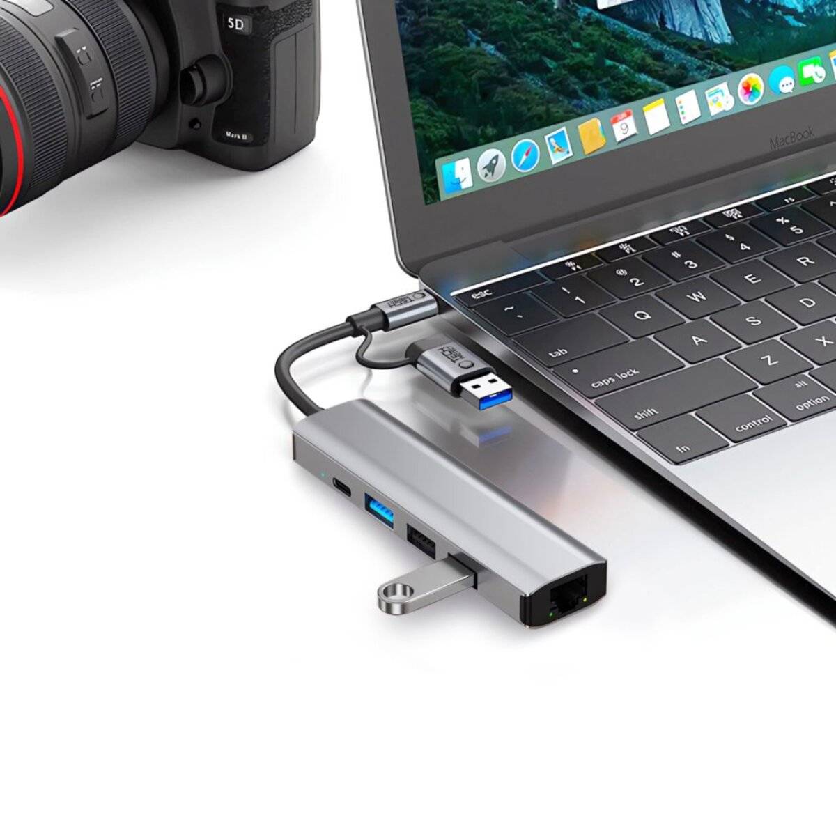 Tech-Protect HB03 HUB Adapter 5in1 USB-C + USB2.0 USB3.0 RJ45 - grau