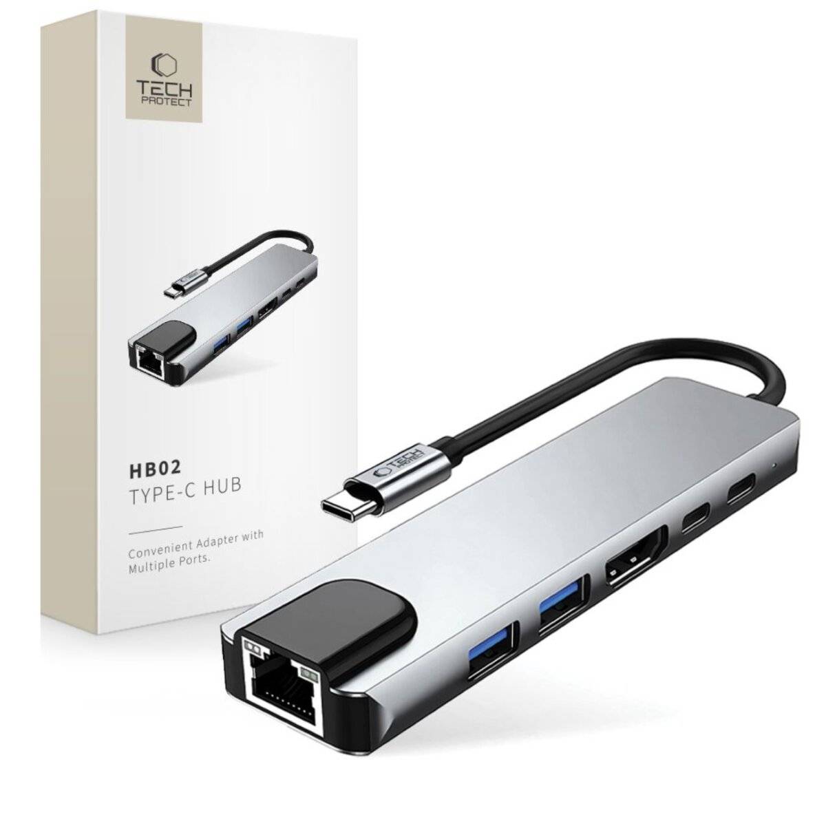 Tech-Protect HB02 HUB Adapter 6in1 USB-C + USB2.0 USB3.0 HDMI 4K 30Hz RJ45 PD100W - grau