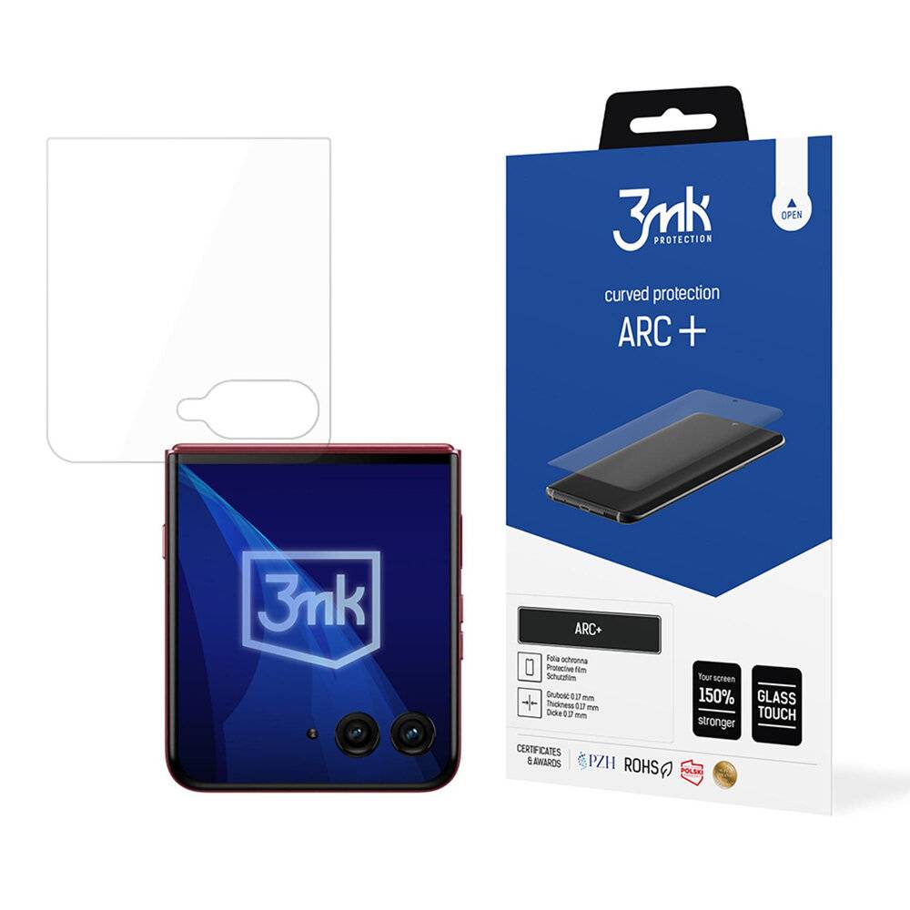 Verpackung und Displayschutzfolie für das Modell 3mk Protection Arc+, entwickelt für gekrümmte Bildschirme, mit Installationsdiagramm dargestellt.